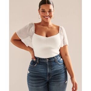 Abercrombie Fitch White Smocked Square Neck Puff Sleeve Mesh Top Size S
